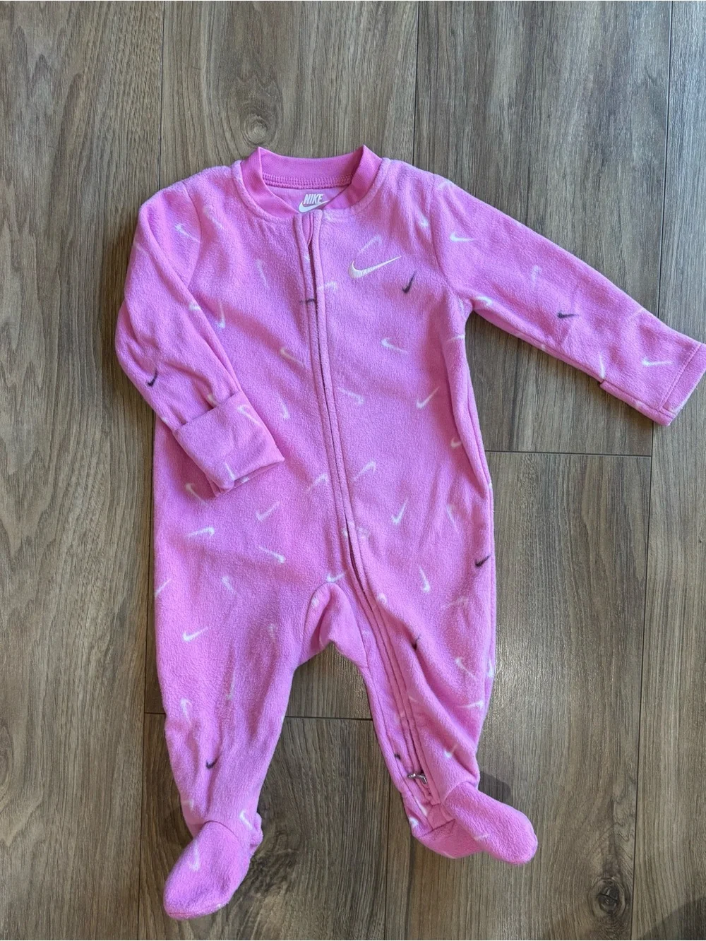 Nike Pink Fleece Footed One-Piece with Swoosh Print